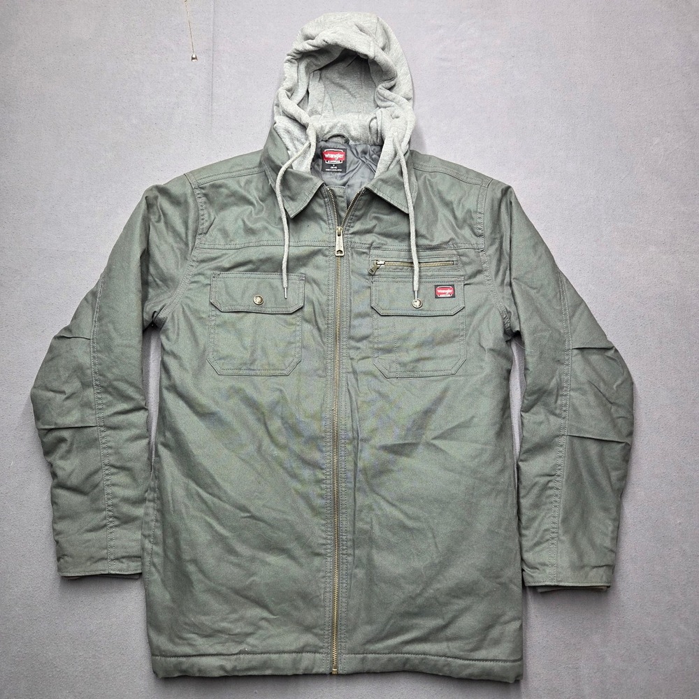 Wrangler Workwear Mens Hooded Canvas Jacket Olive Green Quilted Lined Medium - Picture 2 of 12